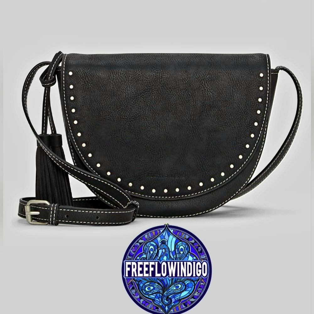 🖤 NWOT | Lucky Brand VEGAN 🍀 Studded Black Crossbody Saddle Bag